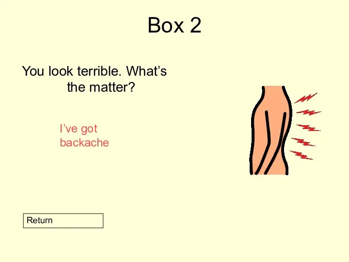Box 2 You look terrible. What’s the matter? Return I’ve got backache