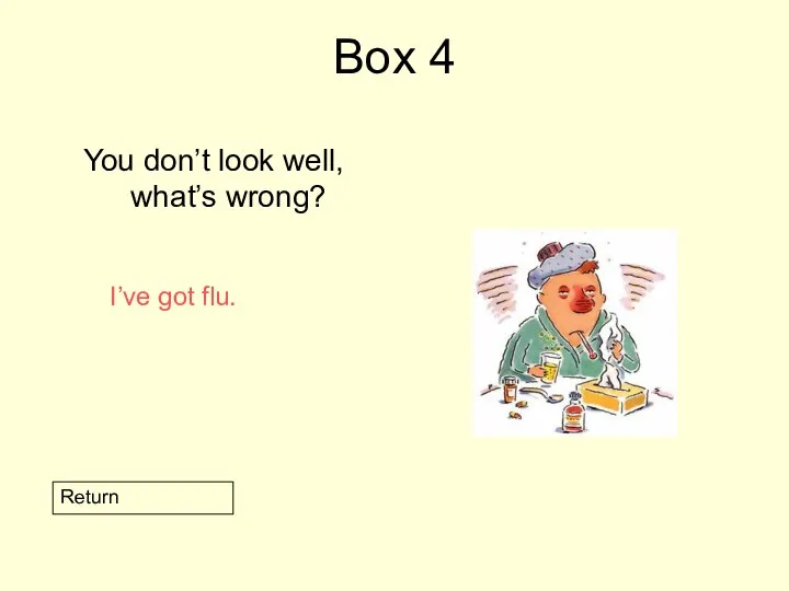 Box 4 You don’t look well, what’s wrong? Return I’ve got flu.