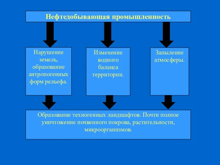 Нефтедобывающая промышленность Нарушение земель, образование антропогенных форм рельефа. Изменение водного баланса территории.