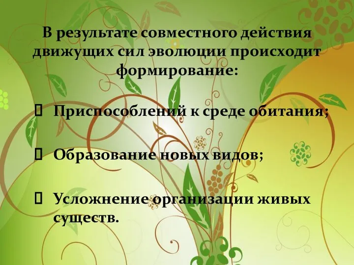 В результате совместного действия движущих сил эволюции происходит формирование: Приспособлений к среде