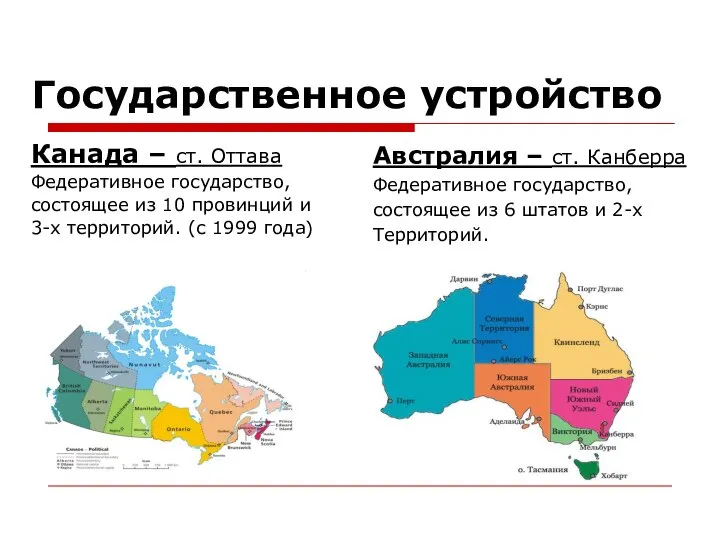 Государственное устройство Канада – ст. Оттава Федеративное государство, состоящее из 10 провинций