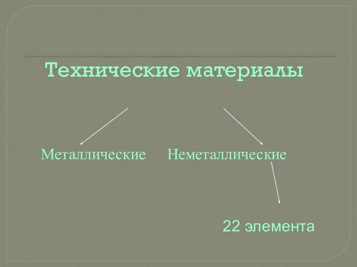 Технические материалы Металлические Неметаллические 22 элемента