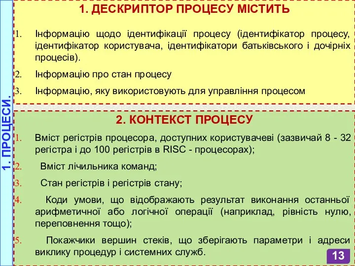 2. КОНТЕКСТ ПРОЦЕСУ Вміст регістрів процесора, доступних користувачеві (зазвичай 8 - 32