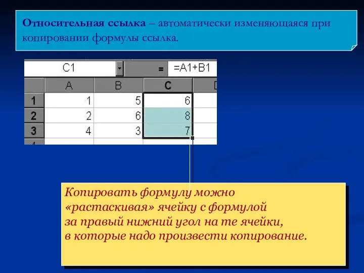 Относительная ссылка – автоматически изменяющаяся при копировании формулы ссылка.