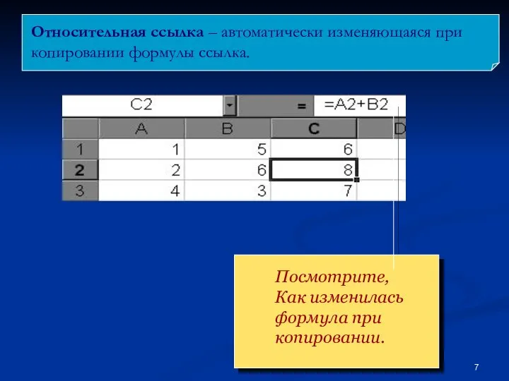 Относительная ссылка – автоматически изменяющаяся при копировании формулы ссылка.