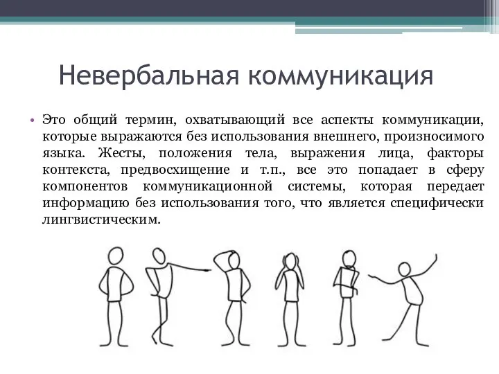 Невербальная коммуникация Это общий термин, охватывающий все аспекты коммуникации, которые выражаются без