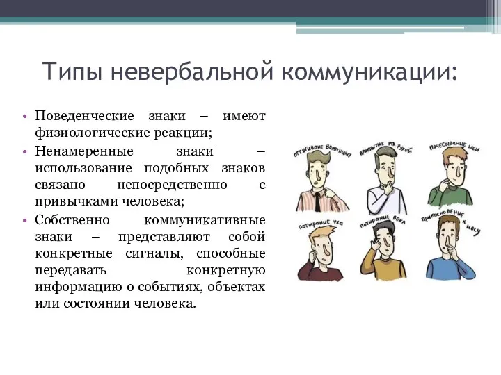 Типы невербальной коммуникации: Поведенческие знаки – имеют физиологические реакции; Ненамеренные знаки –