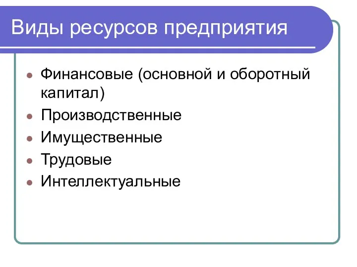 Виды ресурсов предприятия Финансовые (основной и оборотный капитал) Производственные Имущественные Трудовые Интеллектуальные