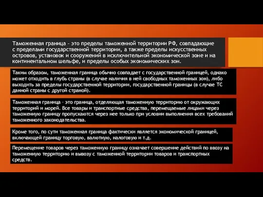 Таможенная граница – это пределы таможенной территории РФ, совпадающие с пределами государственной