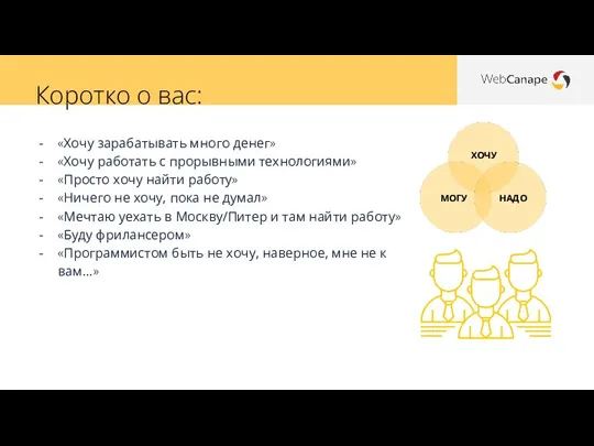 «Хочу зарабатывать много денег» «Хочу работать с прорывными технологиями» «Просто хочу найти