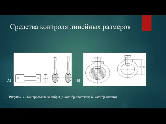 Средства контроля линейных размеров А) Б) Рисунок 3 - Контрольные калибры (а-калибр пластина; б- калибр кольцо)