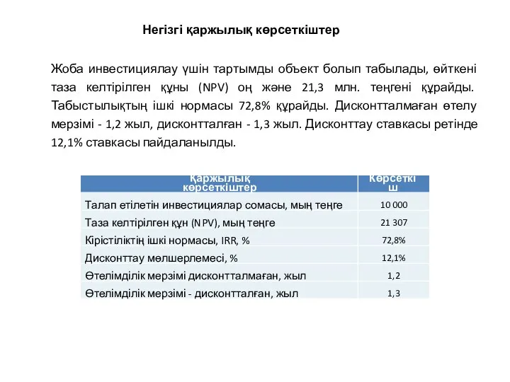 Негізгі қаржылық көрсеткіштер Жоба инвестициялау үшін тартымды объект болып табылады, өйткені таза