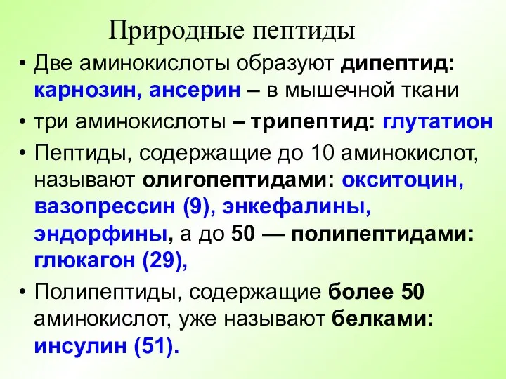 Природные пептиды Две аминокислоты образуют дипептид: карнозин, ансерин – в мышечной ткани