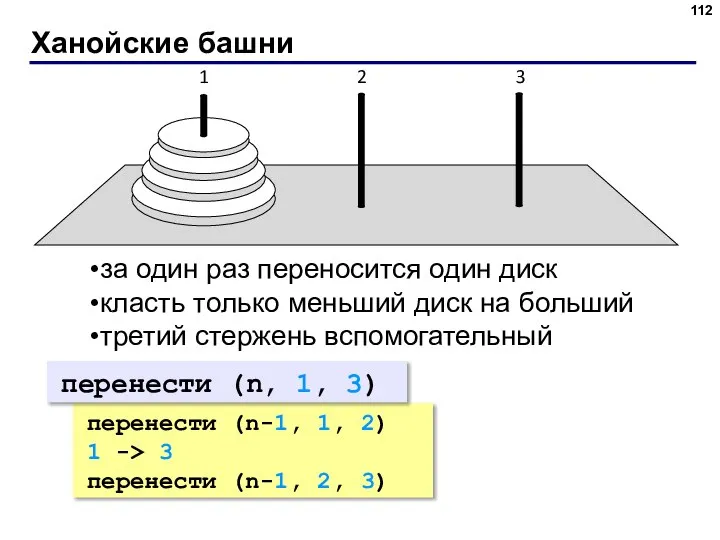 Ханойские башни за один раз переносится один диск класть только меньший диск