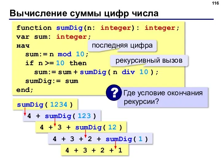 Вычисление суммы цифр числа function sumDig(n: integer): integer; var sum: integer; нач