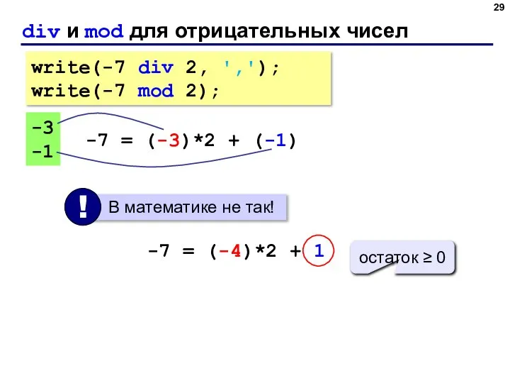 div и mod для отрицательных чисел write(-7 div 2, ','); write(-7 mod