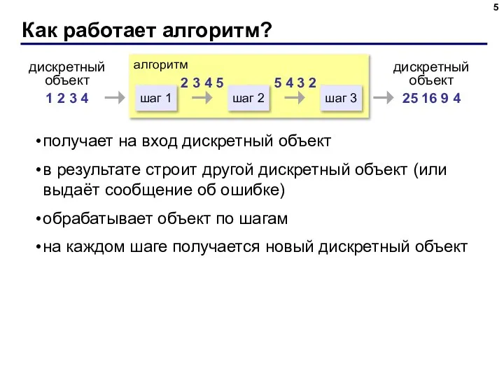 Как работает алгоритм? дискретный объект 1 2 3 4 алгоритм шаг 1