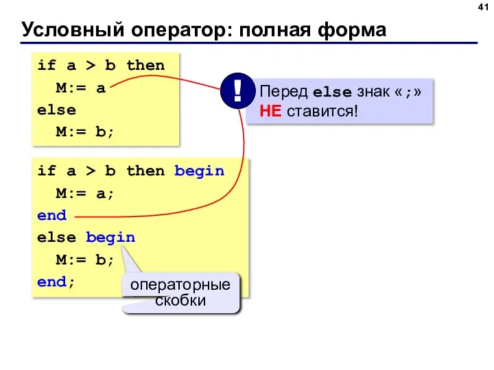Условный оператор: полная форма if a > b then M:= a else