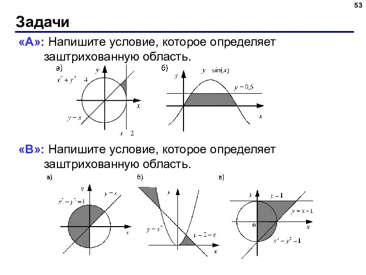 Задачи «A»: Напишите условие, которое определяет заштрихованную область. «B»: Напишите условие, которое определяет заштрихованную область.