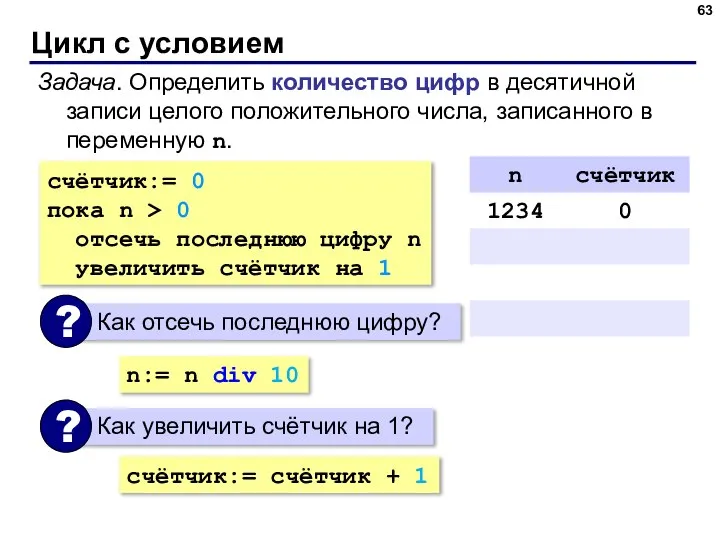 Цикл с условием Задача. Определить количество цифр в десятичной записи целого положительного