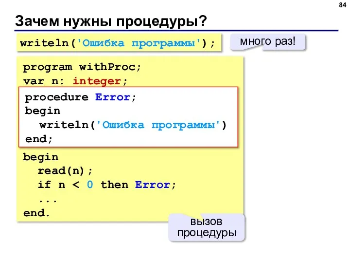 Зачем нужны процедуры? writeln('Ошибка программы'); много раз! program withProc; var n: integer;