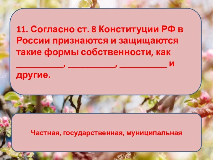 11. Согласно ст. 8 Конституции РФ в России признаются и защищаются такие