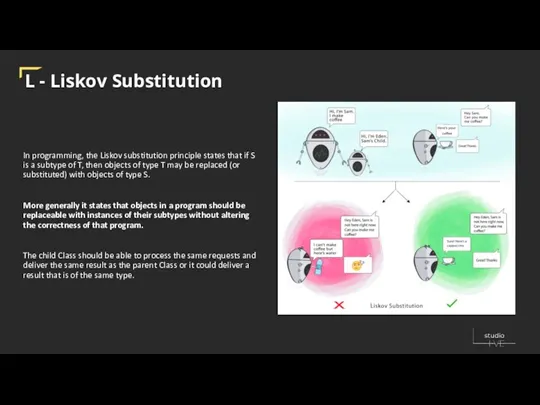 L - Liskov Substitution In programming, the Liskov substitution principle states that