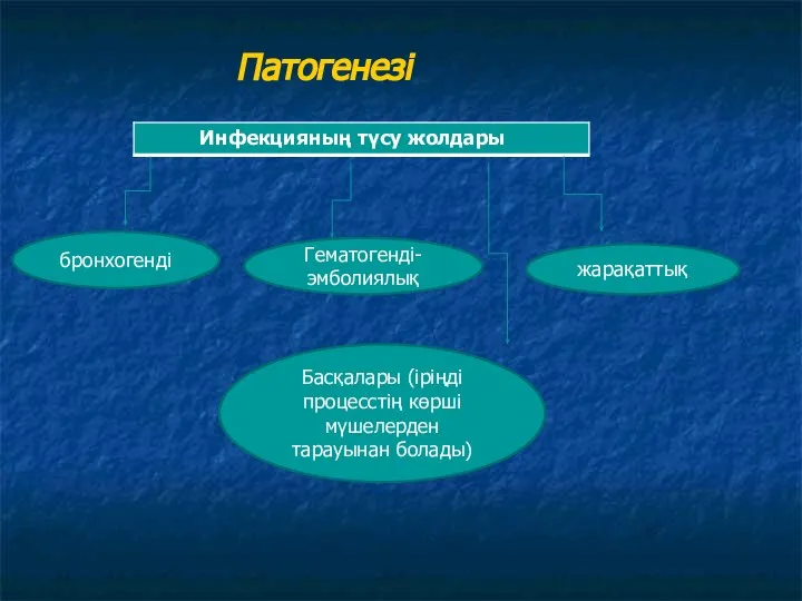 Патогенезі бронхогенді Гематогенді- эмболиялық жарақаттық Басқалары (іріңді процесстің көрші мүшелерден тарауынан болады)