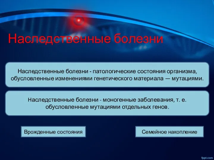 Наследственные болезни - патологические состояния организма, обусловленные изменениями генетического материала — мутациями.