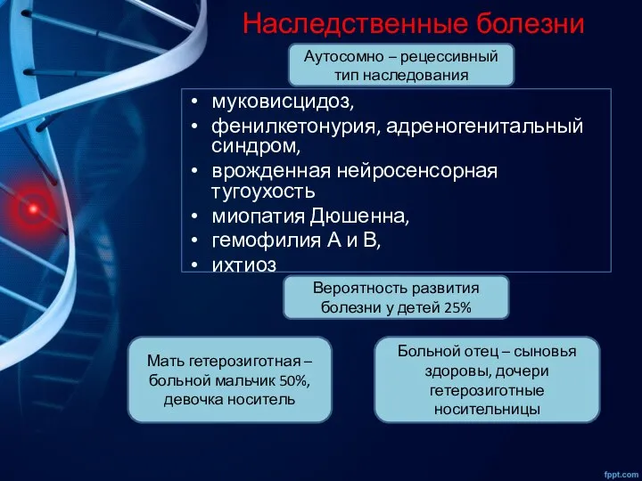 Наследственные болезни муковисцидоз, фенилкетонурия, адреногенитальный синдром, врожденная нейросенсорная тугоухость миопатия Дюшенна, гемофилия