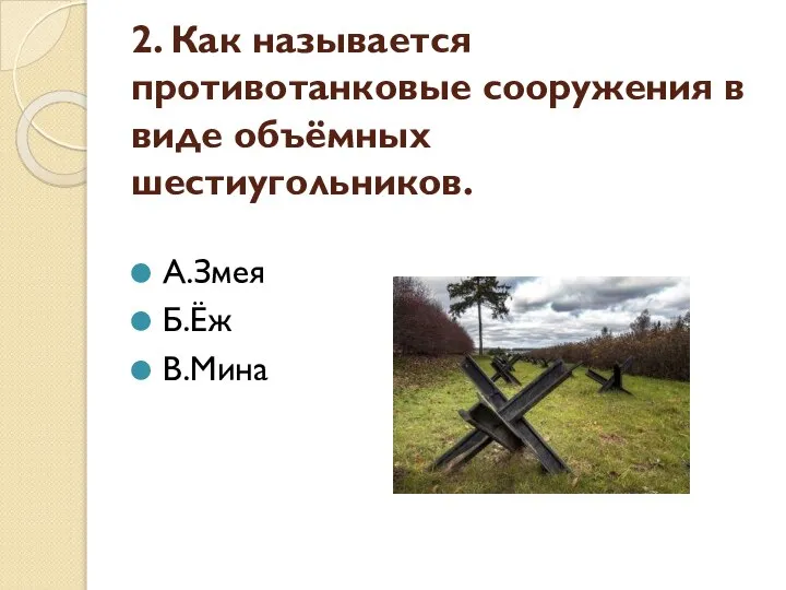 2. Как называется противотанковые сооружения в виде объёмных шестиугольников. А.Змея Б.Ёж В.Мина