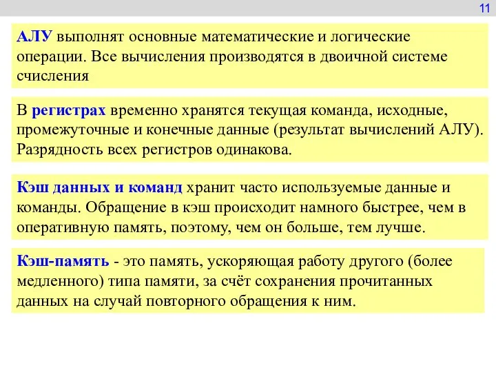 11 АЛУ выполнят основные математические и логические операции. Все вычисления производятся в