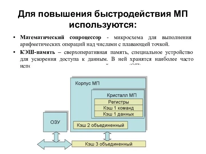 Для повышения быстродействия МП используются: Математический сопроцессор - микросхема для выполнения арифметических