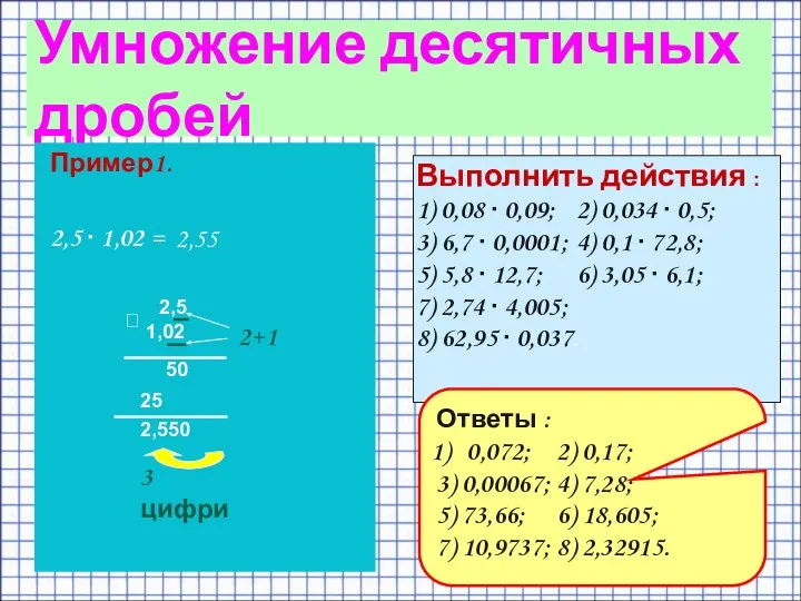 Умножение десятичных дробей Пример1. 2,5 ∙ 1,02 = Выполнить действия : 1)