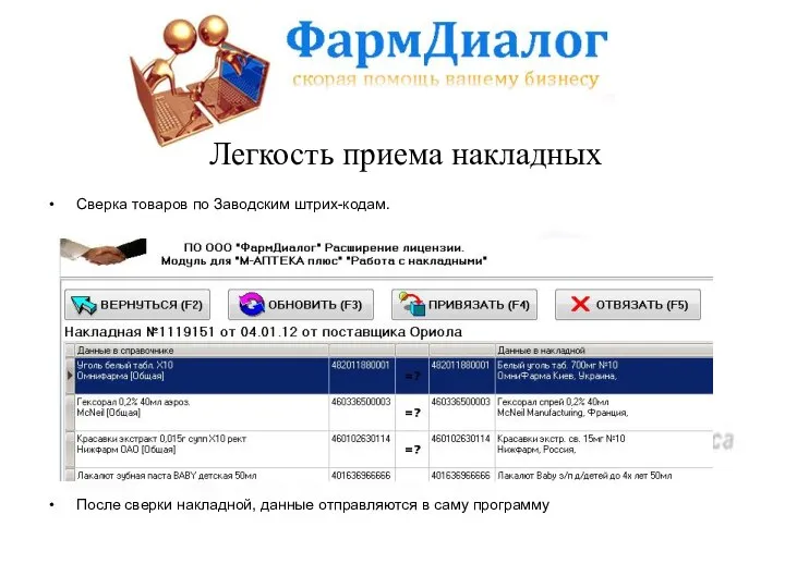 Сверка товаров по Заводским штрих-кодам. После сверки накладной, данные отправляются в саму программу Легкость приема накладных