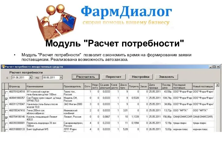 Модуль "Расчет потребности" позволит сэкономить время на формирование заявки поставщикам. Реализована возможность автозаказа. Модуль "Расчет потребности"