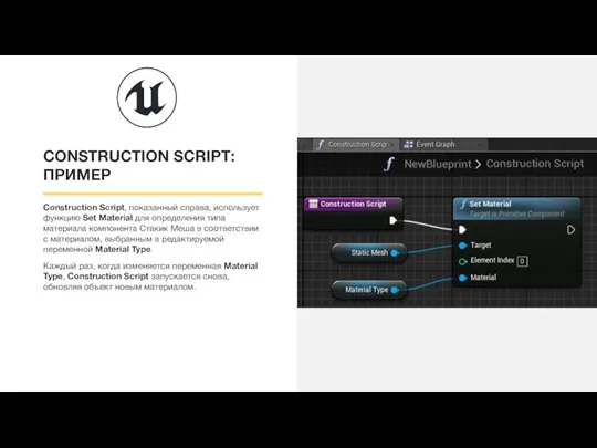 CONSTRUCTION SCRIPT: ПРИМЕР Construction Script, показанный справа, использует функцию Set Material для