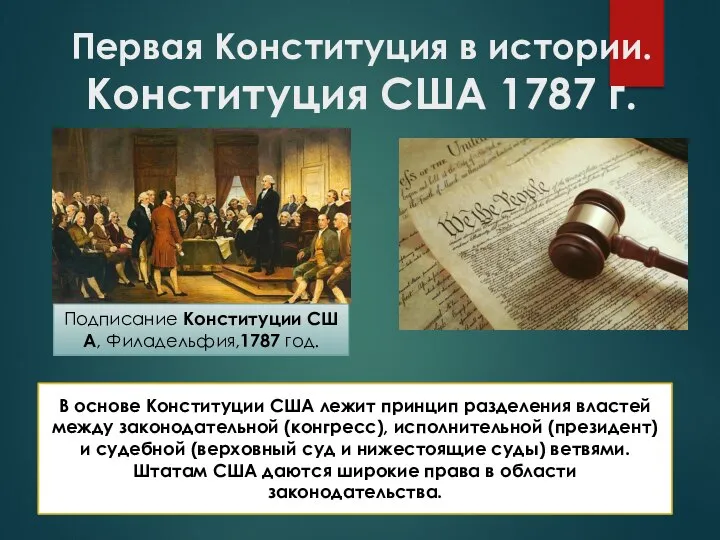 Первая Конституция в истории. Конституция США 1787 г. Подписание Конституции США, Филадельфия,1787