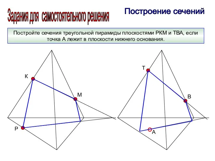Задания для самостоятельного решения Построение сечений Постройте сечения треугольной пирамиды плоскостями РКМ