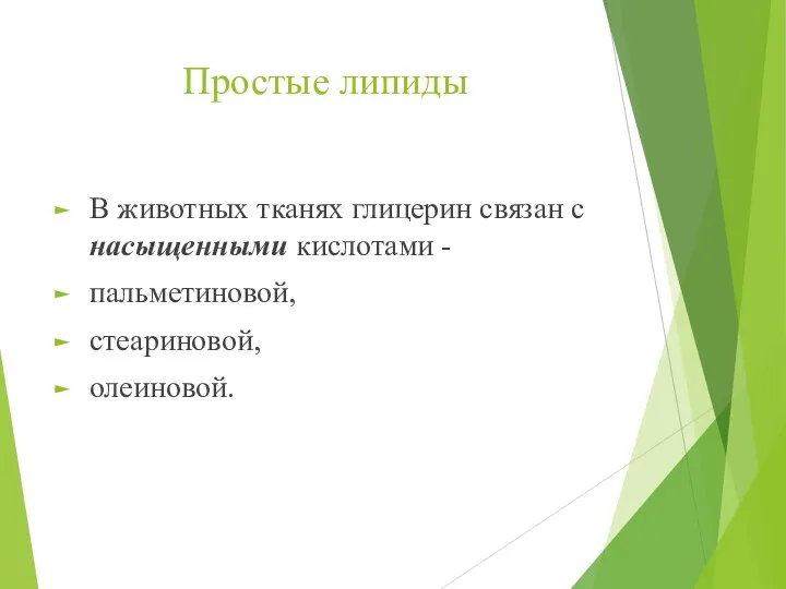 Простые липиды В животных тканях глицерин связан с насыщенными кислотами - пальметиновой, стеариновой, олеиновой.