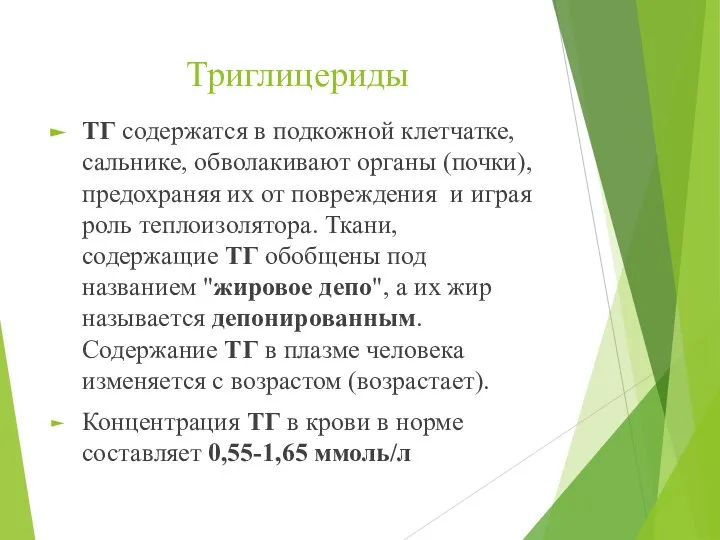 Триглицериды ТГ содержатся в подкожной клетчатке, сальнике, обволакивают органы (почки), предохраняя их