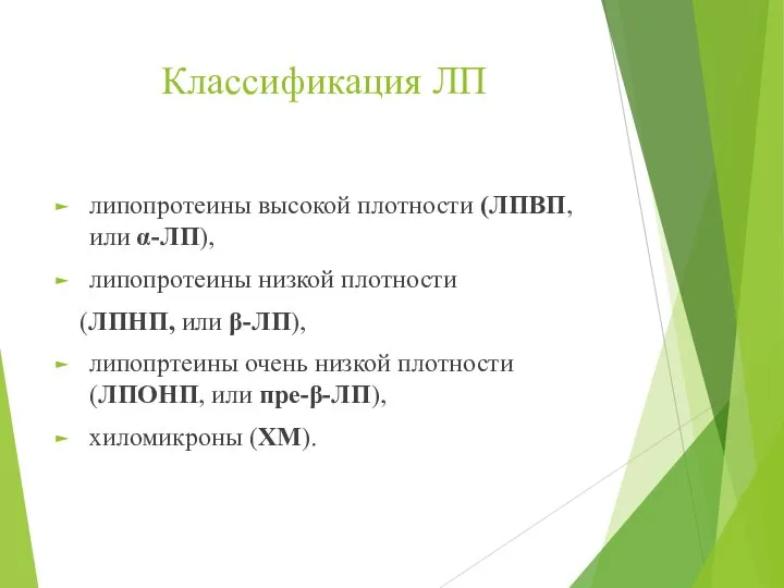 Классификация ЛП липопротеины высокой плотности (ЛПВП, или α-ЛП), липопротеины низкой плотности (ЛПНП,