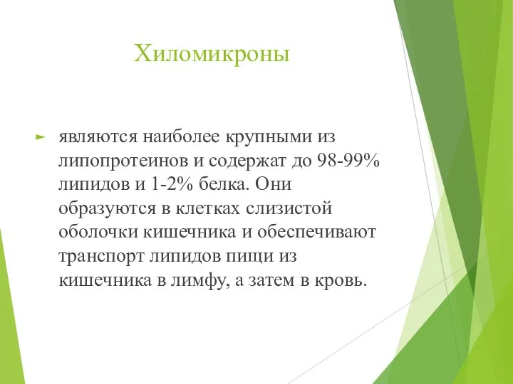 Хиломикроны являются наиболее крупными из липопротеинов и содержат до 98-99% липидов и