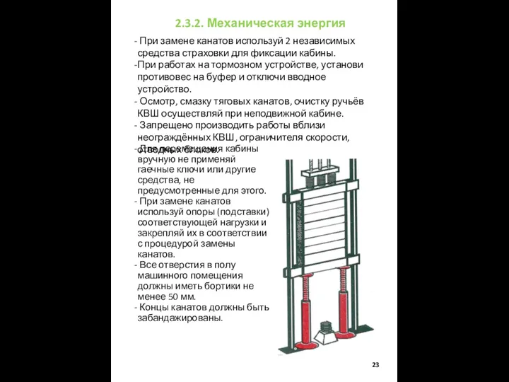 При замене канатов используй 2 независимых средства страховки для фиксации кабины. При