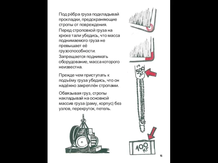 Под рёбра груза подкладывай прокладки, предохраняющие стропы от повреждения. Перед строповкой груза