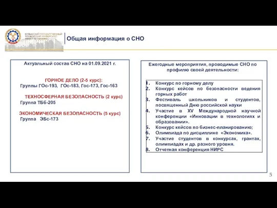 Общая информация о СНО . Актуальный состав СНО на 01.09.2021 г. ГОРНОЕ