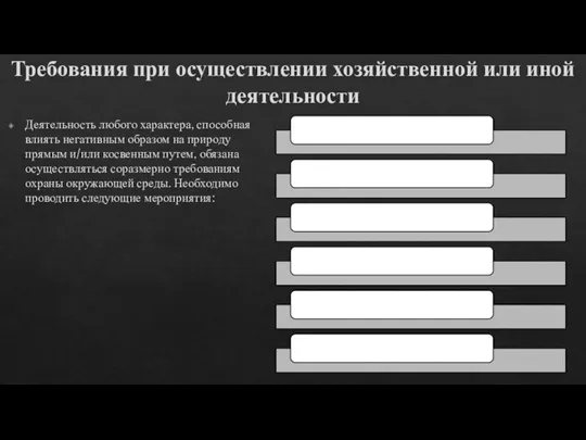 Требования при осуществлении хозяйственной или иной деятельности Деятельность любого характера, способная влиять