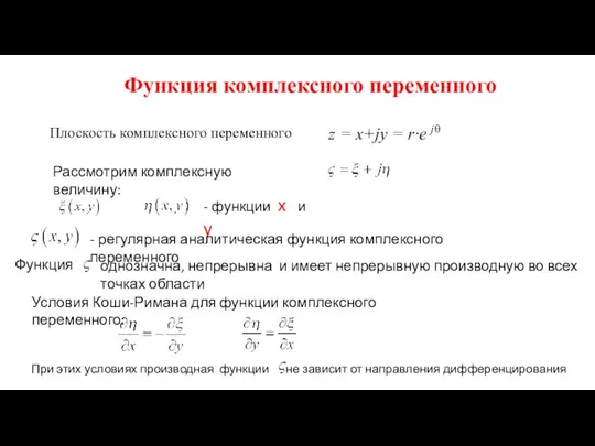 Функция комплексного переменного z = x+jy = r·e jθ Плоскость комплексного переменного