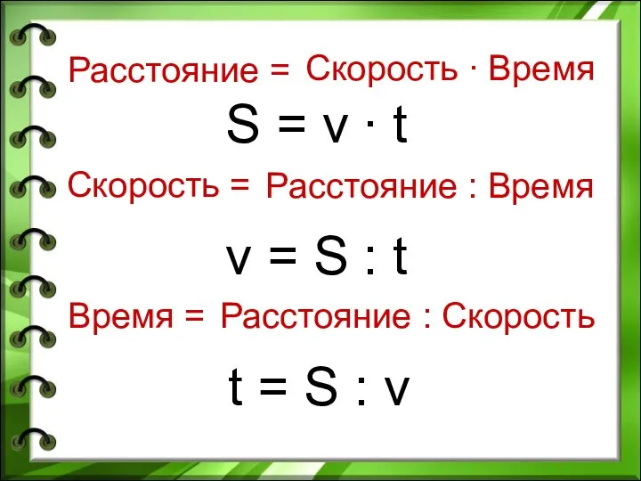 Расстояние = Скорость ∙ Время S = v ∙ t Скорость =