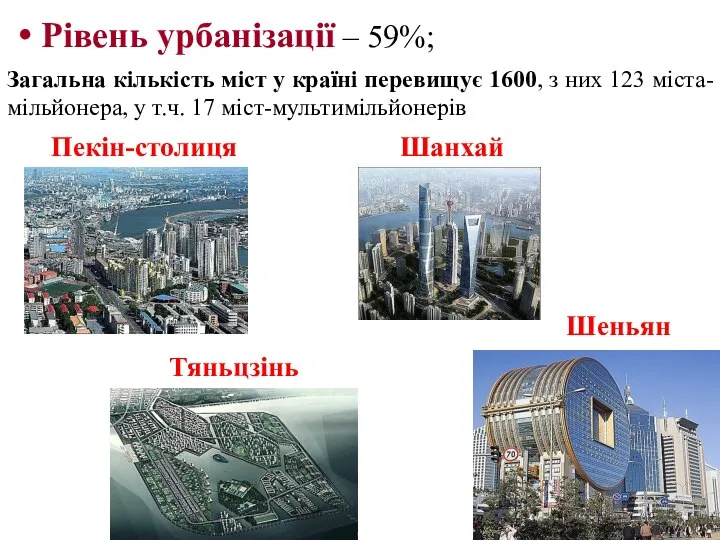 Рівень урбанізації – 59%; Загальна кількість міст у країні перевищує 1600, з